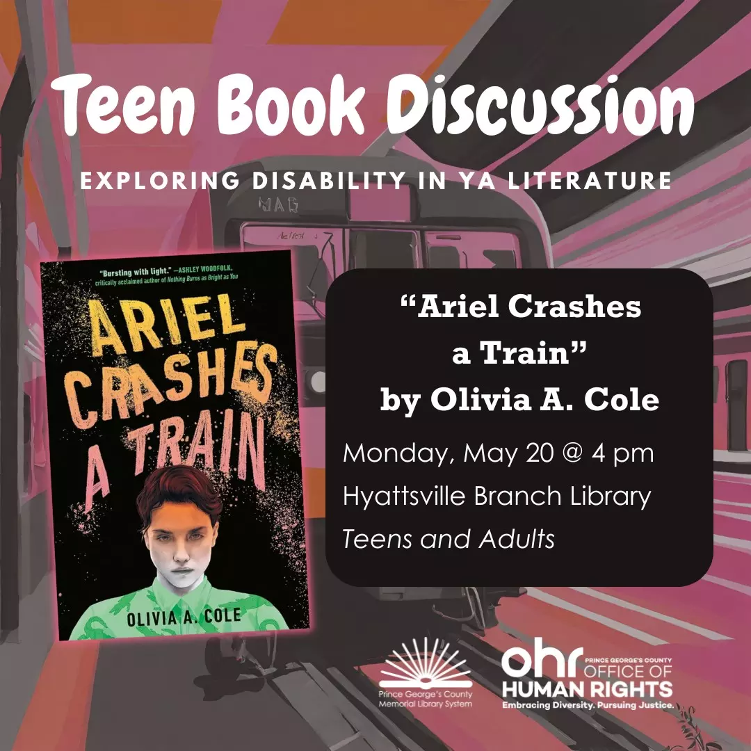Flyer for Teen Book Group featuring cover of book "Ariel Crashes a Train"" 