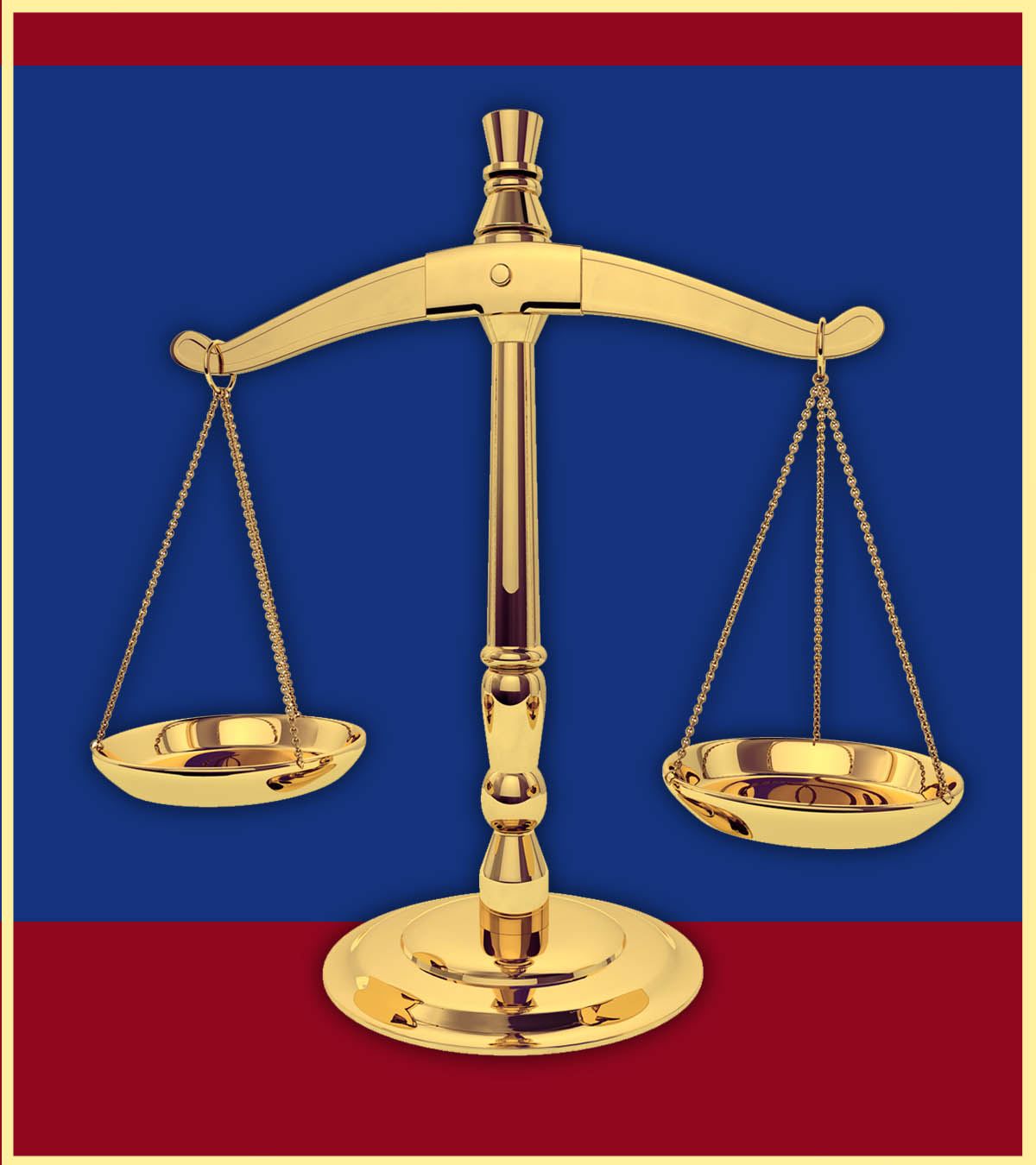 gold Justice Scales with blue and red background with gold border