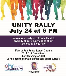 Flyer for Unity Rally on July 24 stating Hate Has No Home Here