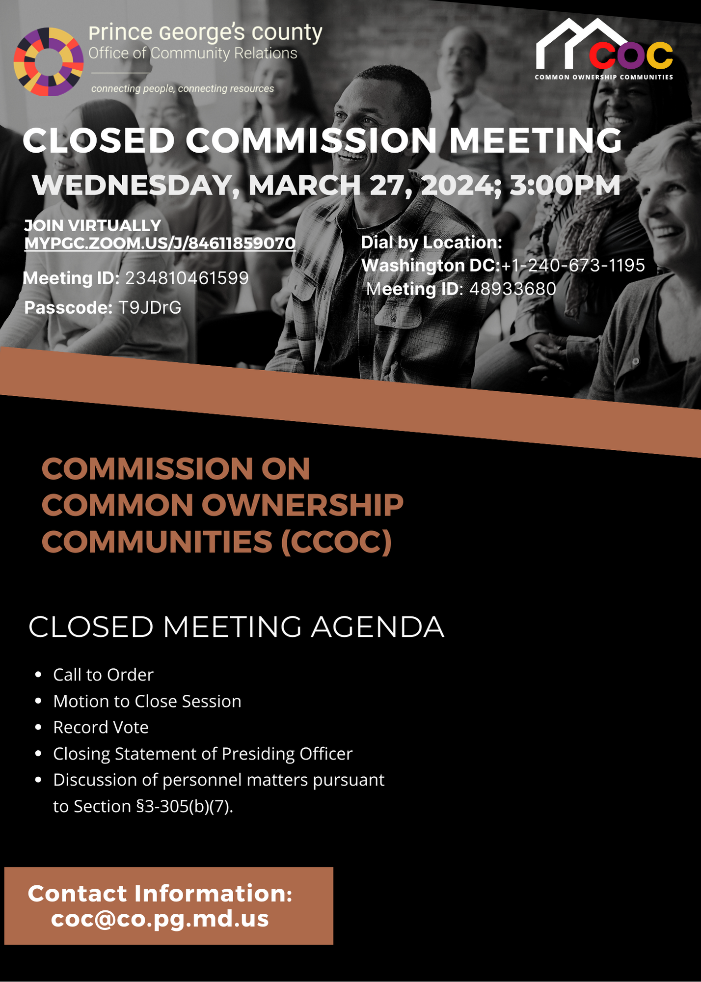 The Commission on Common Ownership Communities will be having a closed meeting tomorrow Wednesday March 27th at 3pm. 