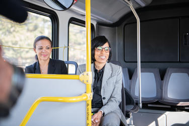 County Executive Angela Alsobrooks with Chief Administration Officer Tara Jackson testing out one of the new buses in our previous grant annoucement.