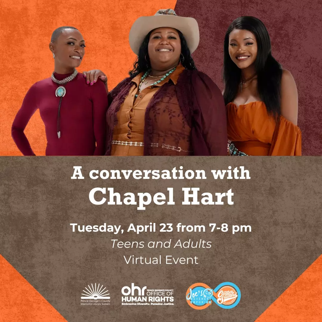 A Conversation with Chapel Hart featuring an image of the three band members, Tuesday April 23 at 7 pm