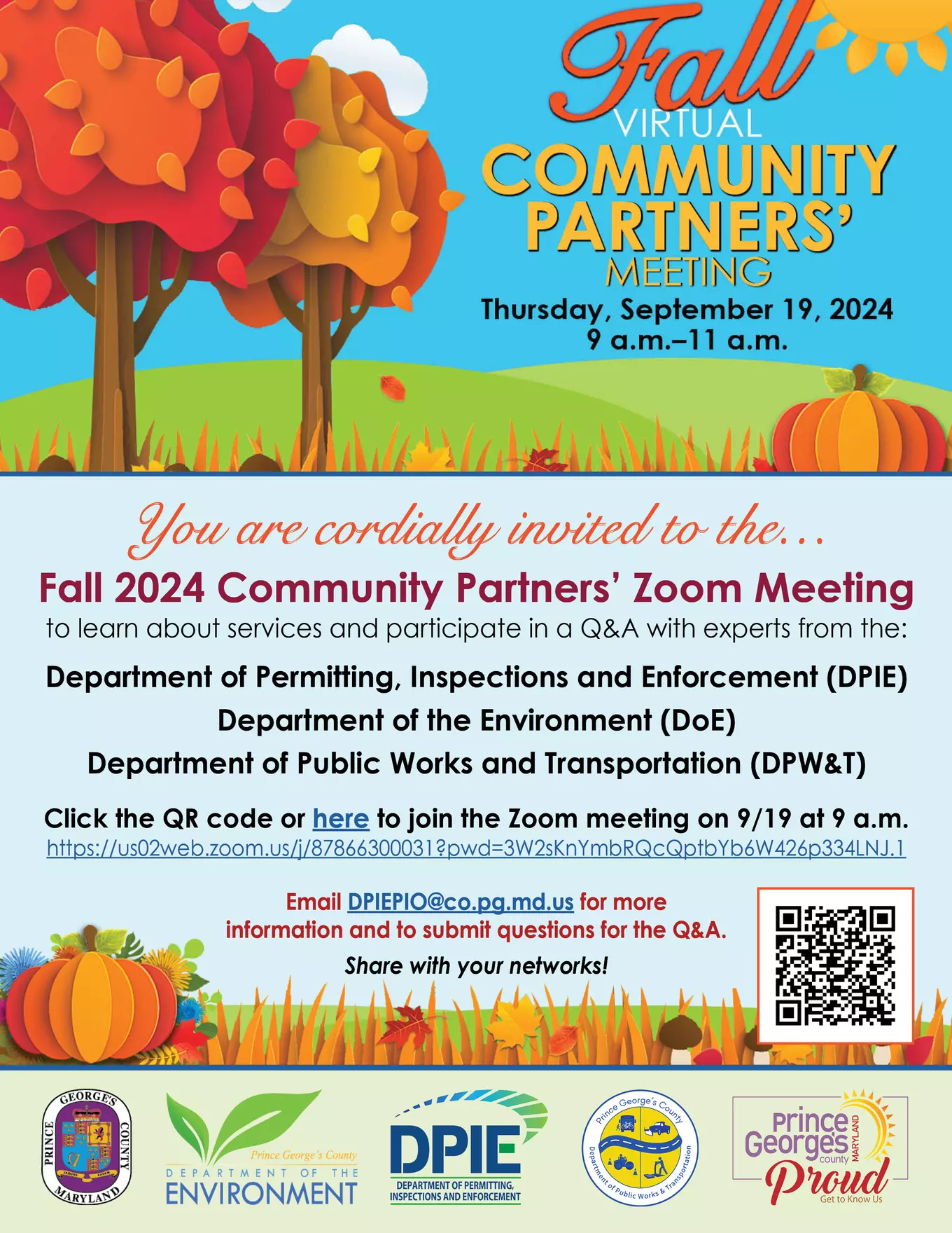 Fall 2024 Virtual Community Partners' Meeting invite with fall trees and pumpkin