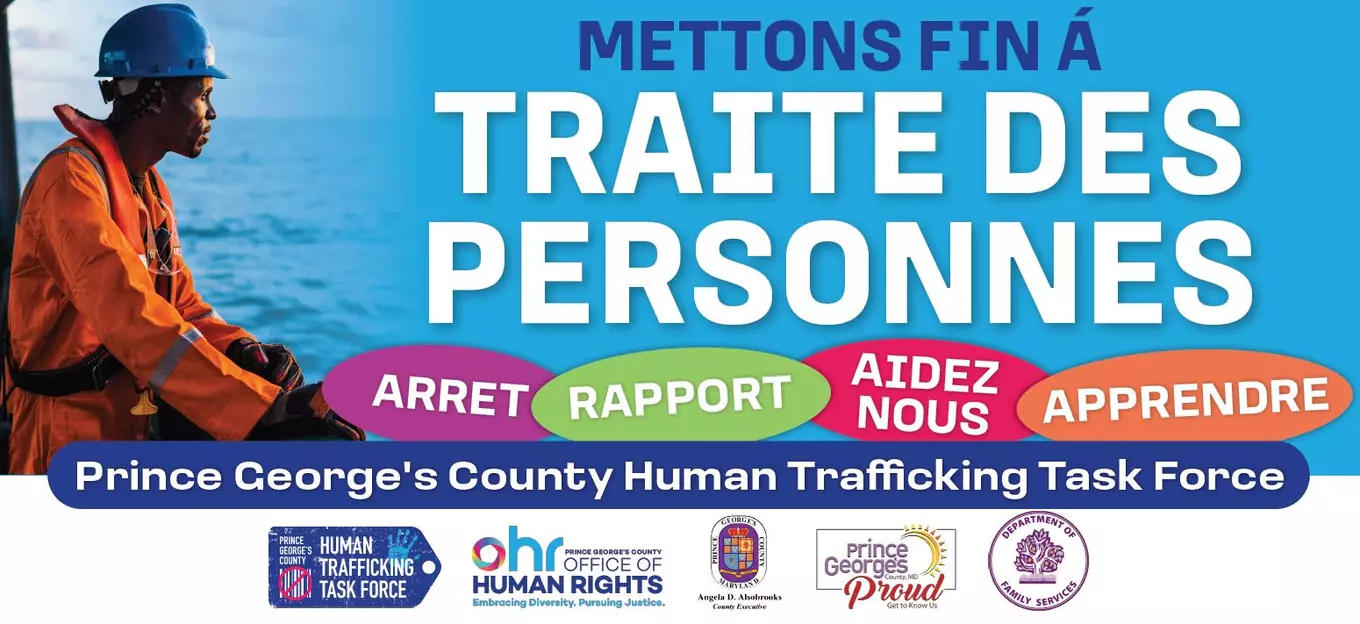 French language Human Trafficking awareness flyer with words "arret" "rapport" "aidez nous" and "apprende"