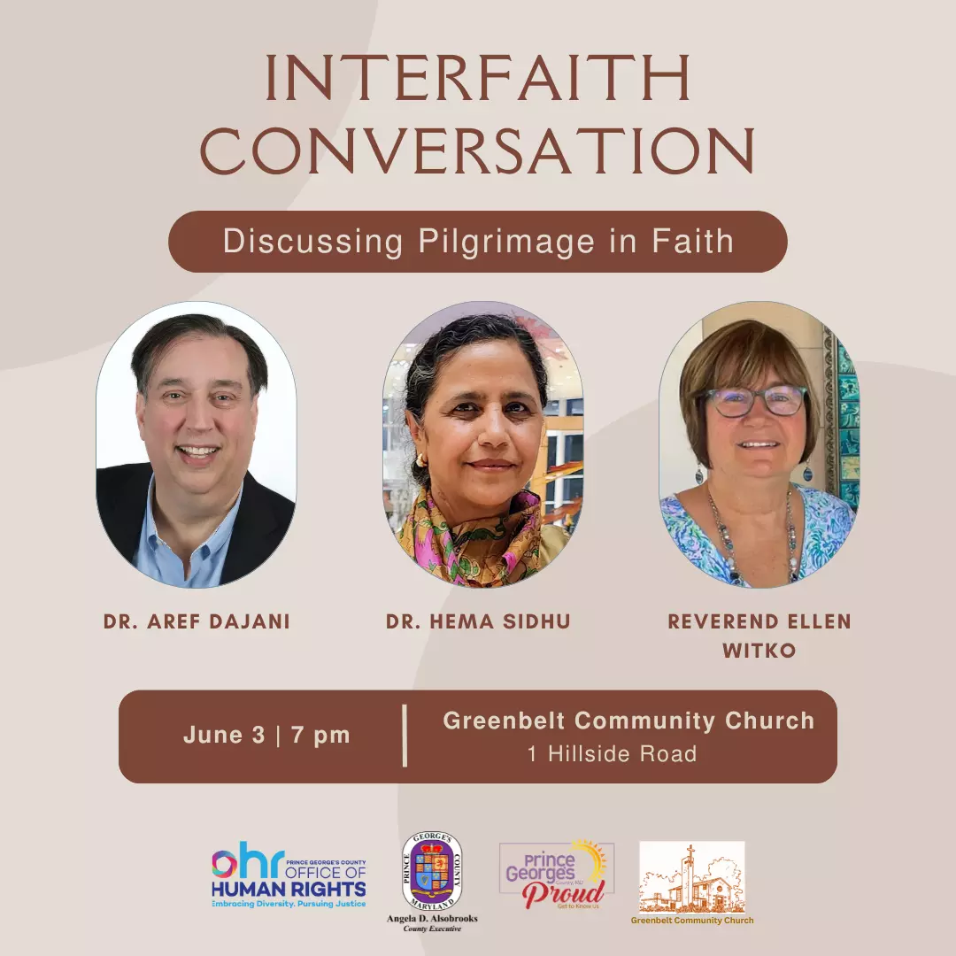 Flyer featuring images of three panelists, Dr. Aref Dajani; Dr. Hema Sidhu; Reverend Ellen Witko