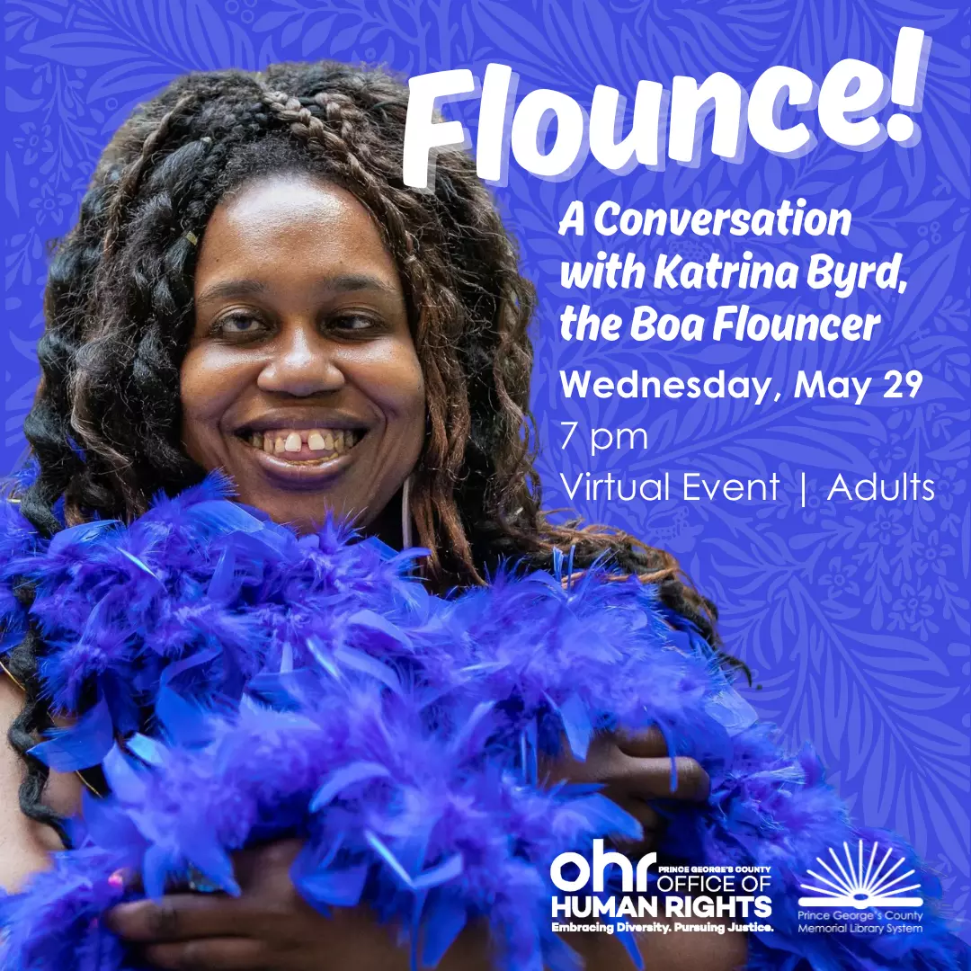 Flounce! Featuring an image of Katrina Byrd, the boa flouncer, wearing a blue feather boa