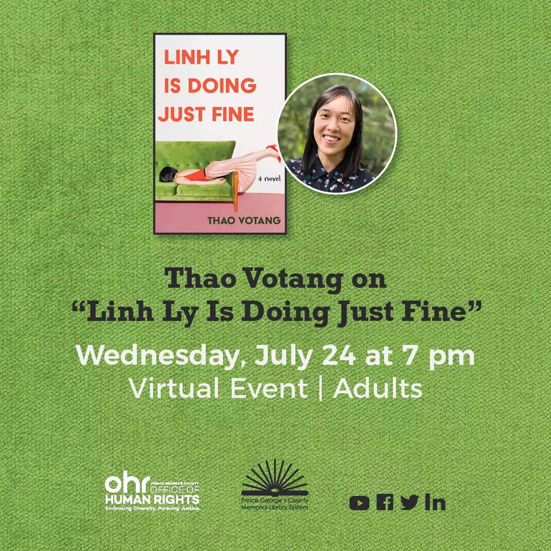 Flyer for "Linh Ly is Doing Just Fine" with author Thao Votang featuring image of book jacket cover and a headshot of the author