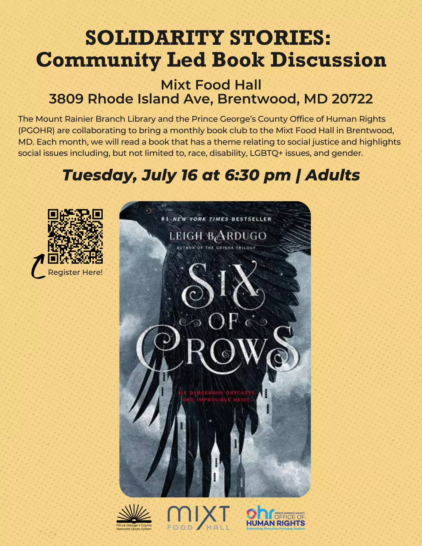 IMAGE: Flyer for Solidarity Stories featuring the book cover for "Book of Crows"
