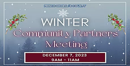 Winter Community Partners' Meeting, snow and holly background