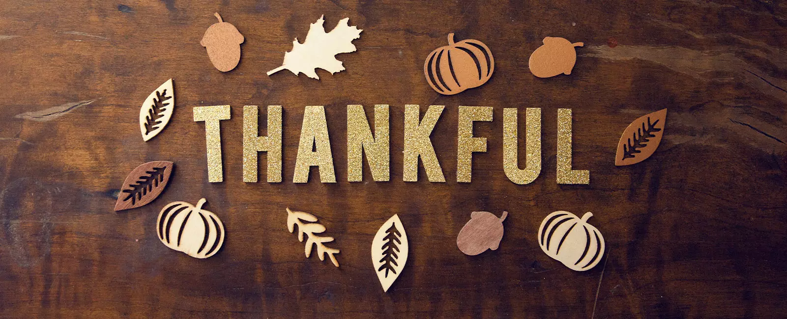 paper cutout of the word thankful