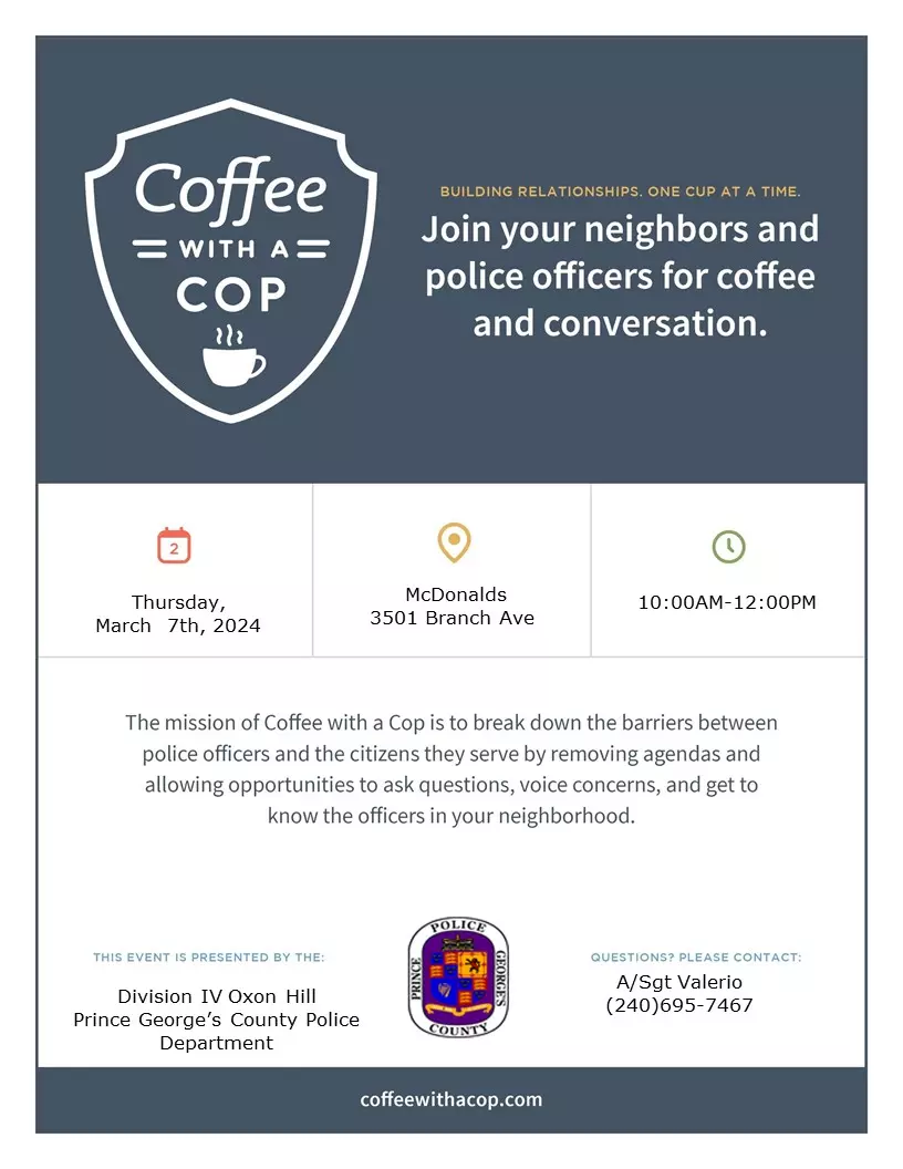 Coffee with a Cop Event March 7th in Oxon Hill Maryland