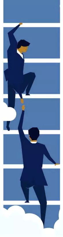 Image of a man in a suit helping someone else as they both climb the ladder