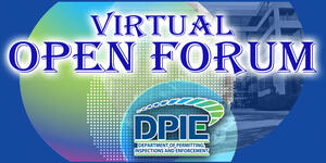 Virtual Open Forum letters on circles with DPIE logo