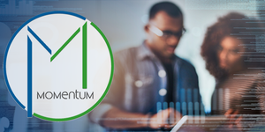 Momentum logo with couple using their tablet to apply for permits in Momentum software