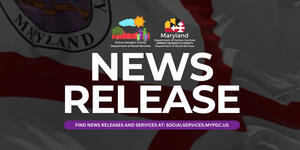 News Release, Find news releases and services at: socialservices.mypgc.us, Background image of flying Prince George's County flag