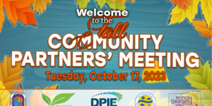 Fall 2023 Community Partners' Meeting flyer on blue background with fall leaves
