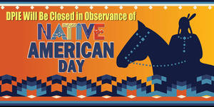 Native American Day closure, silhouette of Native American on a horse with textile pattern border