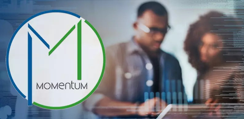 Momentum logo with couple using their tablet to apply for permits in Momentum software