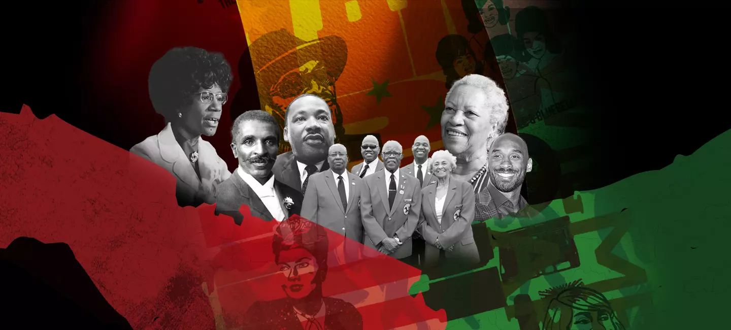 Black History Month collage including Dr. Martin Luther King, Jr., Chuck Brown, Shirley Chisholm, George Washington Carver, Kobe Bryant, Tuskegee Airmen, and Toni Morrison