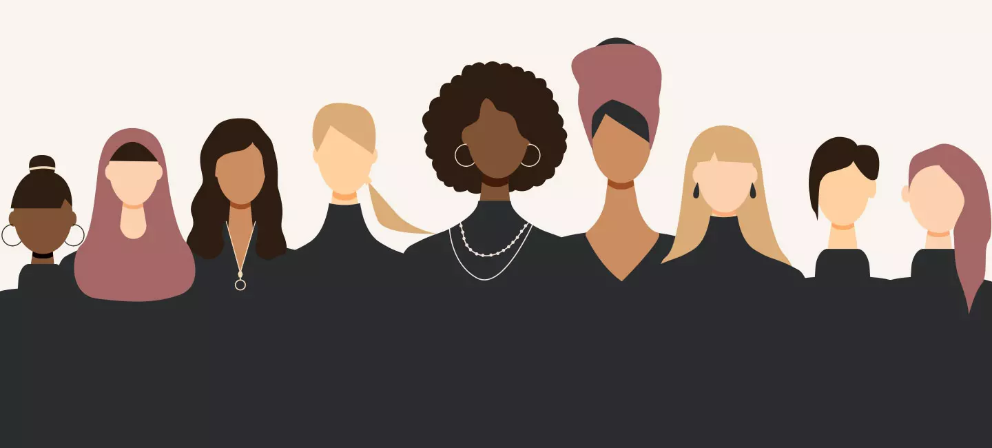 illustration of nine diverse women in black clothing